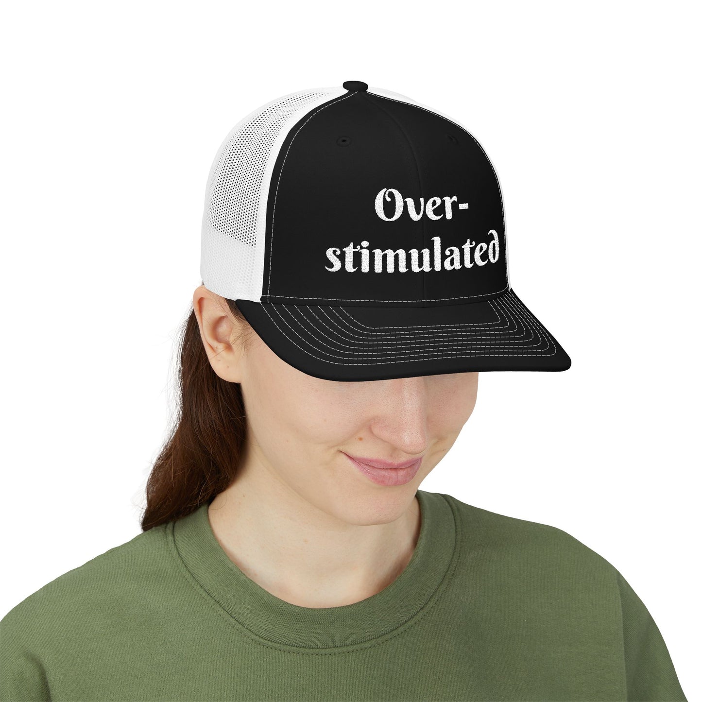 "Overstimulated" Embroidered Snapback Trucker Cap, Funny Cap for Anxiety Relief, Gift for Mental Health Awareness, Casual Style, Unisex Hat