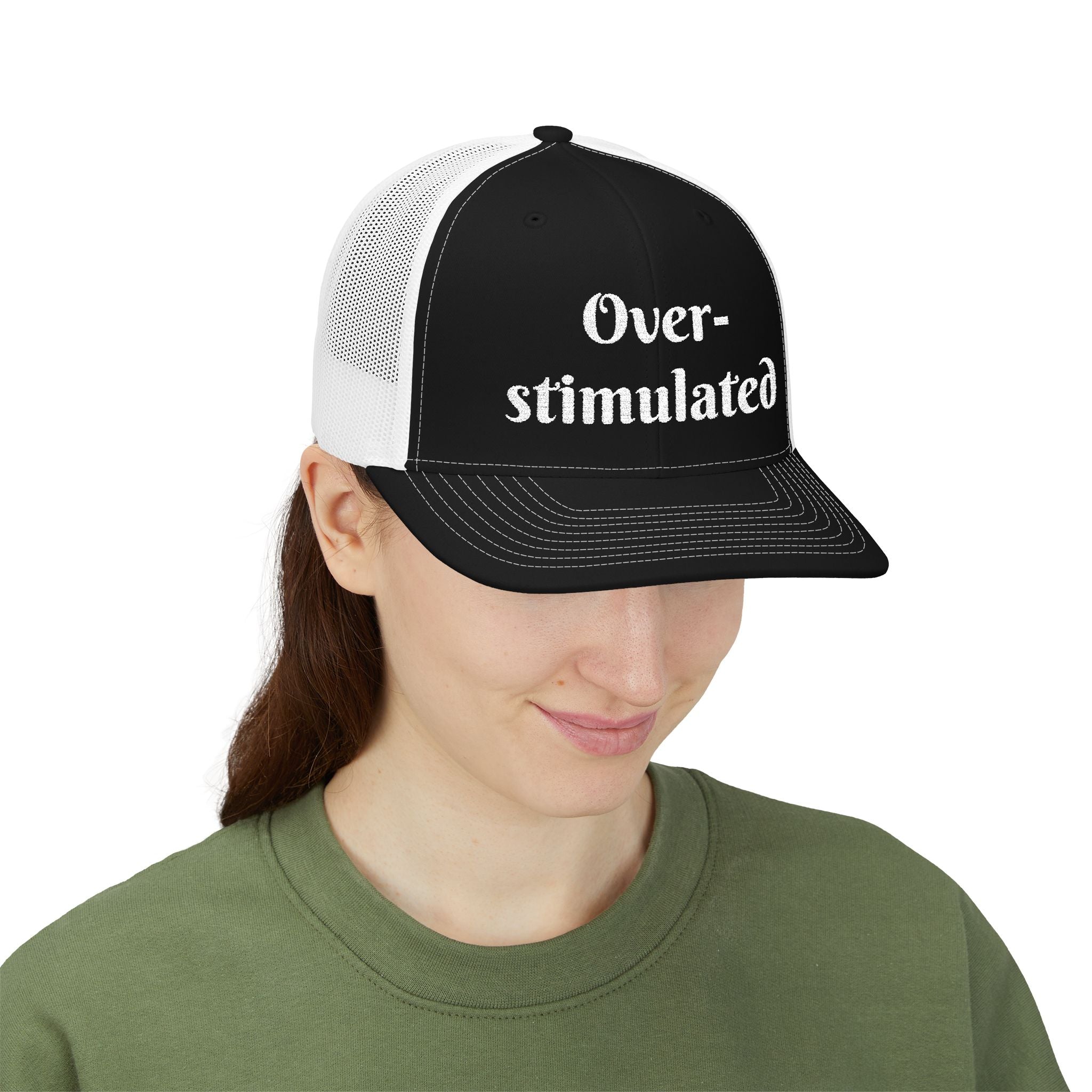 "Overstimulated" Embroidered Snapback Trucker Cap, Funny Cap for Anxiety Relief, Gift for Mental Health Awareness, Casual Style, Unisex Hat