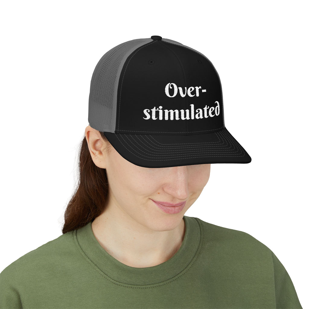"Overstimulated" Embroidered Snapback Trucker Cap, Funny Cap for Anxiety Relief, Gift for Mental Health Awareness, Casual Style, Unisex Hat