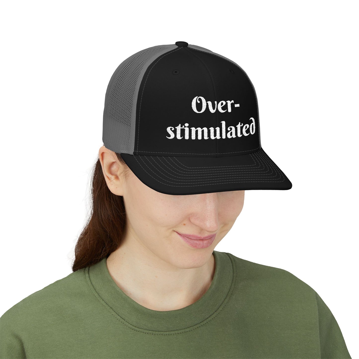 "Overstimulated" Embroidered Snapback Trucker Cap, Funny Cap for Anxiety Relief, Gift for Mental Health Awareness, Casual Style, Unisex Hat