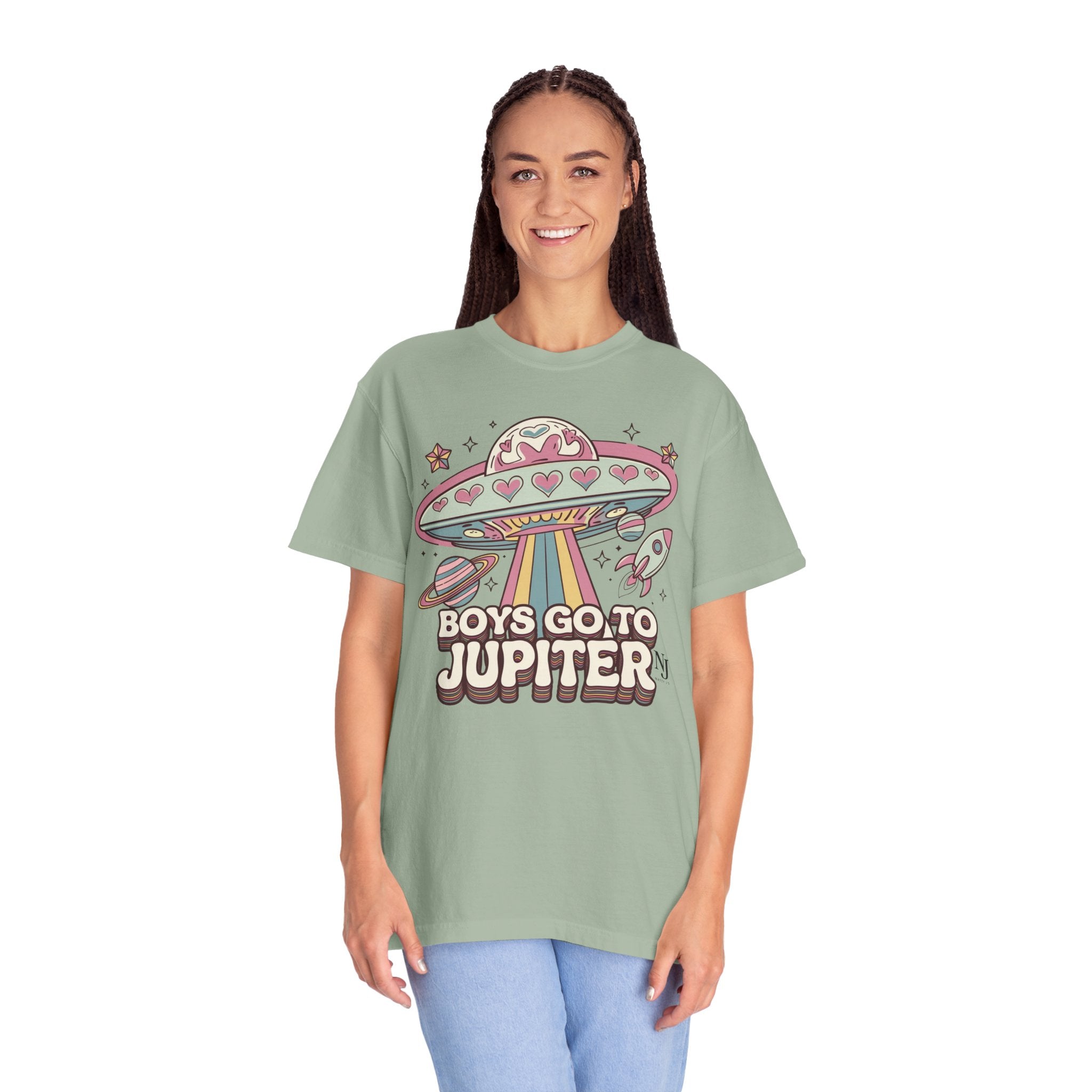Boys Go to Jupiter Graphic Tee – Retro Space Valentine Shirt for Women | Fun UFO Heart