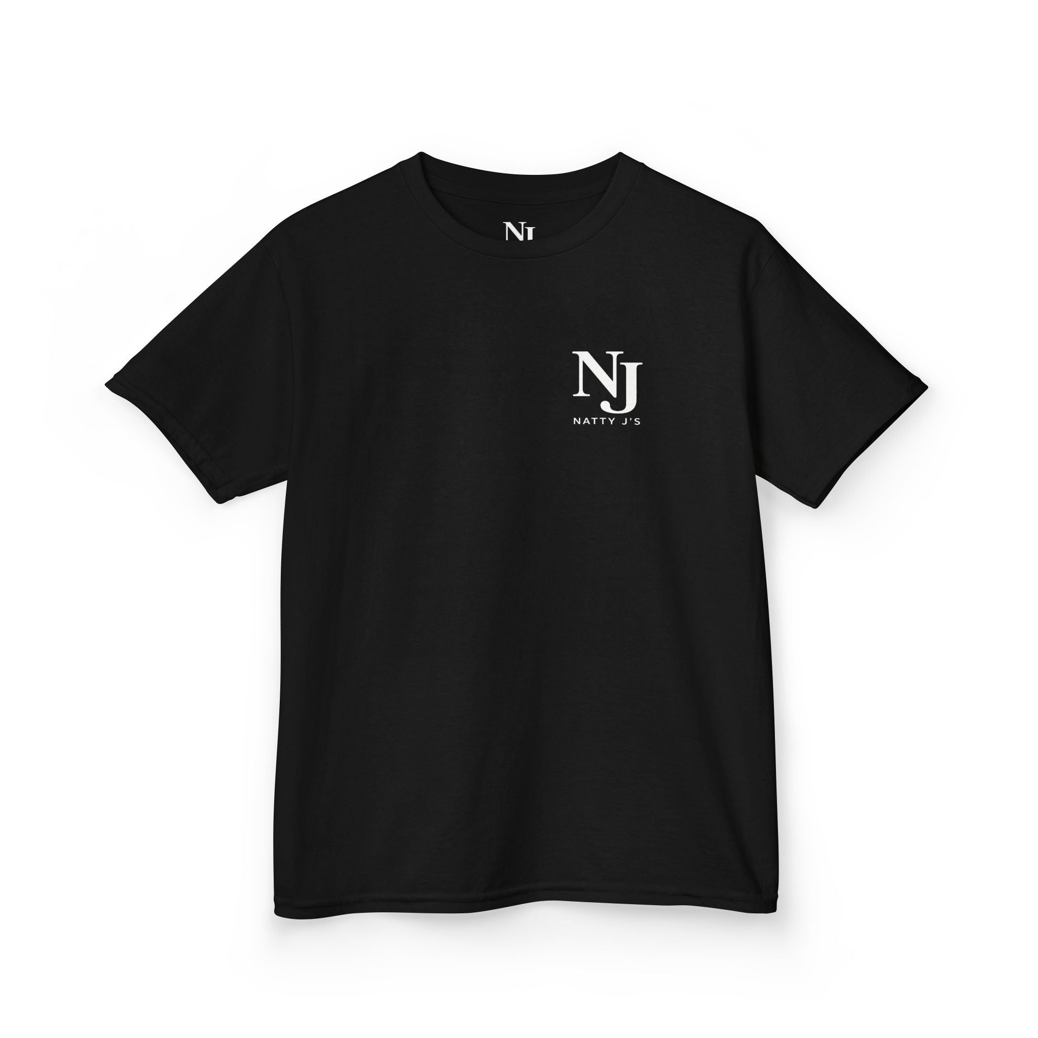 Black t-shirt with a logo on a white background