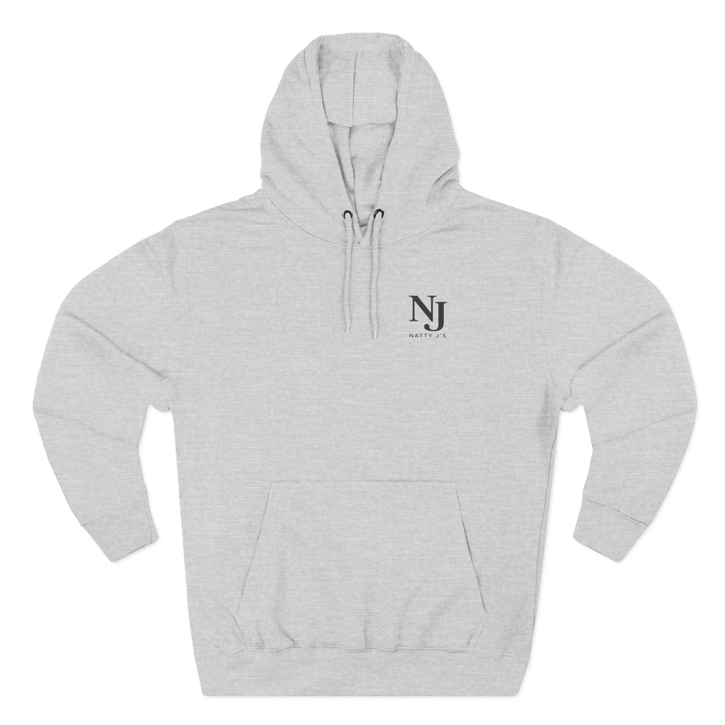 Gray hoodie with NJ logo on a white background