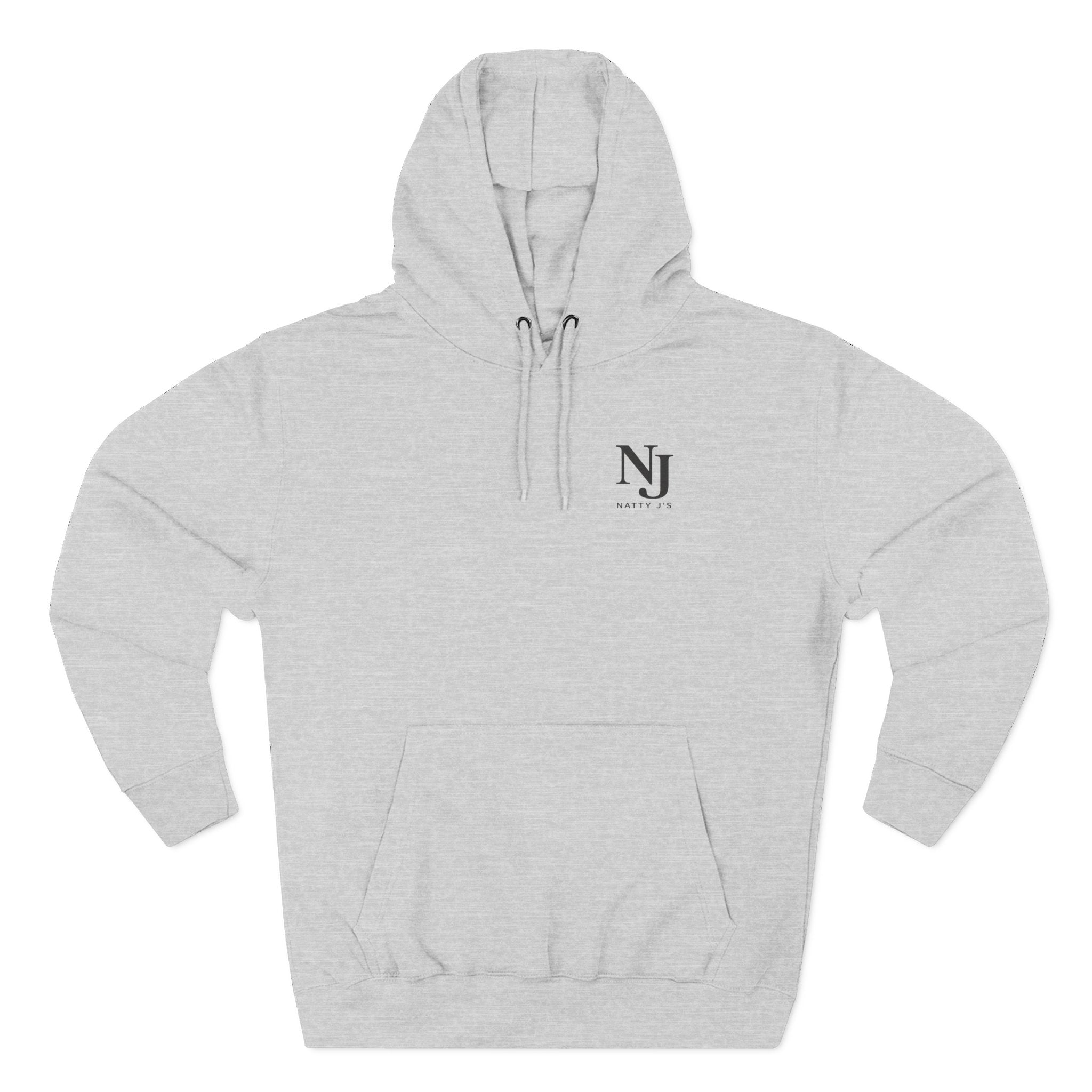 Gray hoodie with NJ logo on a white background