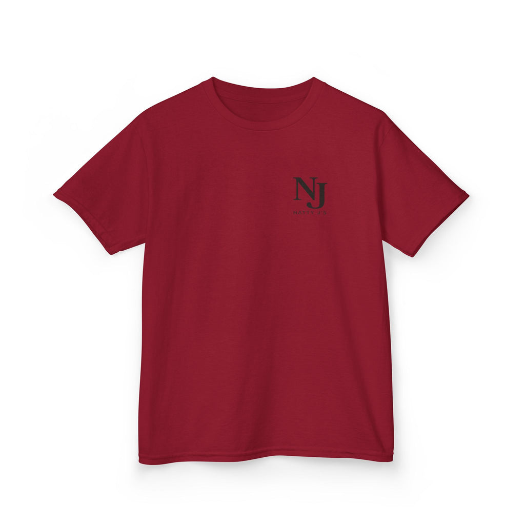 Red t-shirt with a black logo on a white background