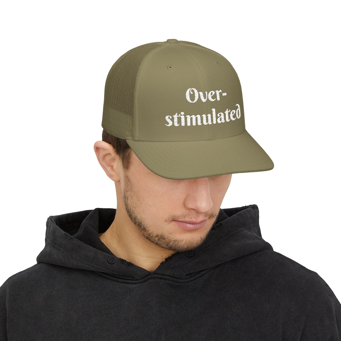 "Overstimulated" Embroidered Snapback Trucker Cap, Funny Cap for Anxiety Relief, Gift for Mental Health Awareness, Casual Style, Unisex Hat