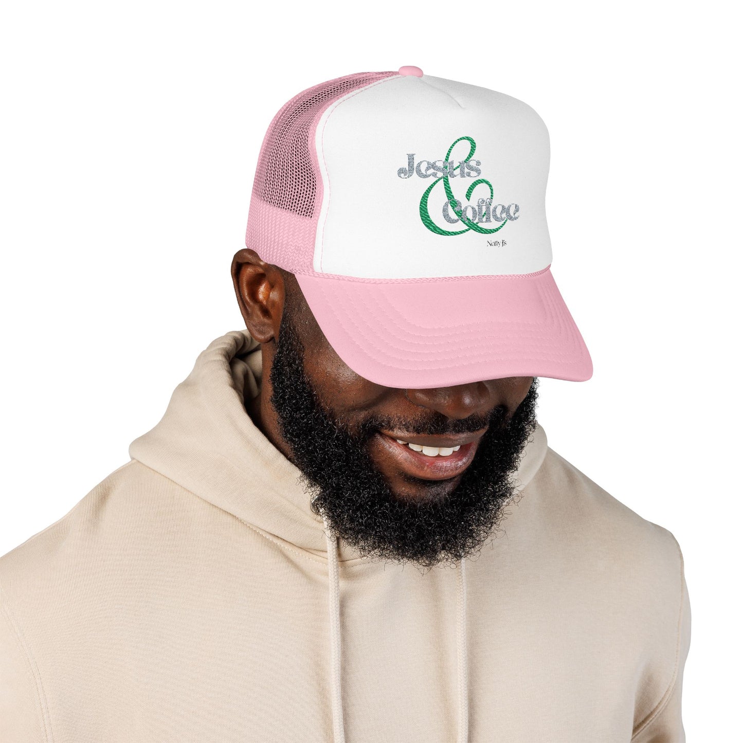 Embroidered Jesus & Coffee Foam Trucker Hat