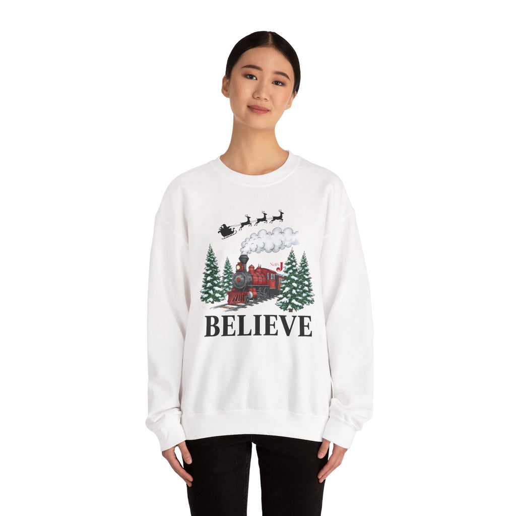 Women’s Believe Christmas Sweatshirt – Festive Holiday Train & Santa Sleigh Crewneck – Cozy Winter Graphic Sweatshirt for Women – Christmas Outfit Top