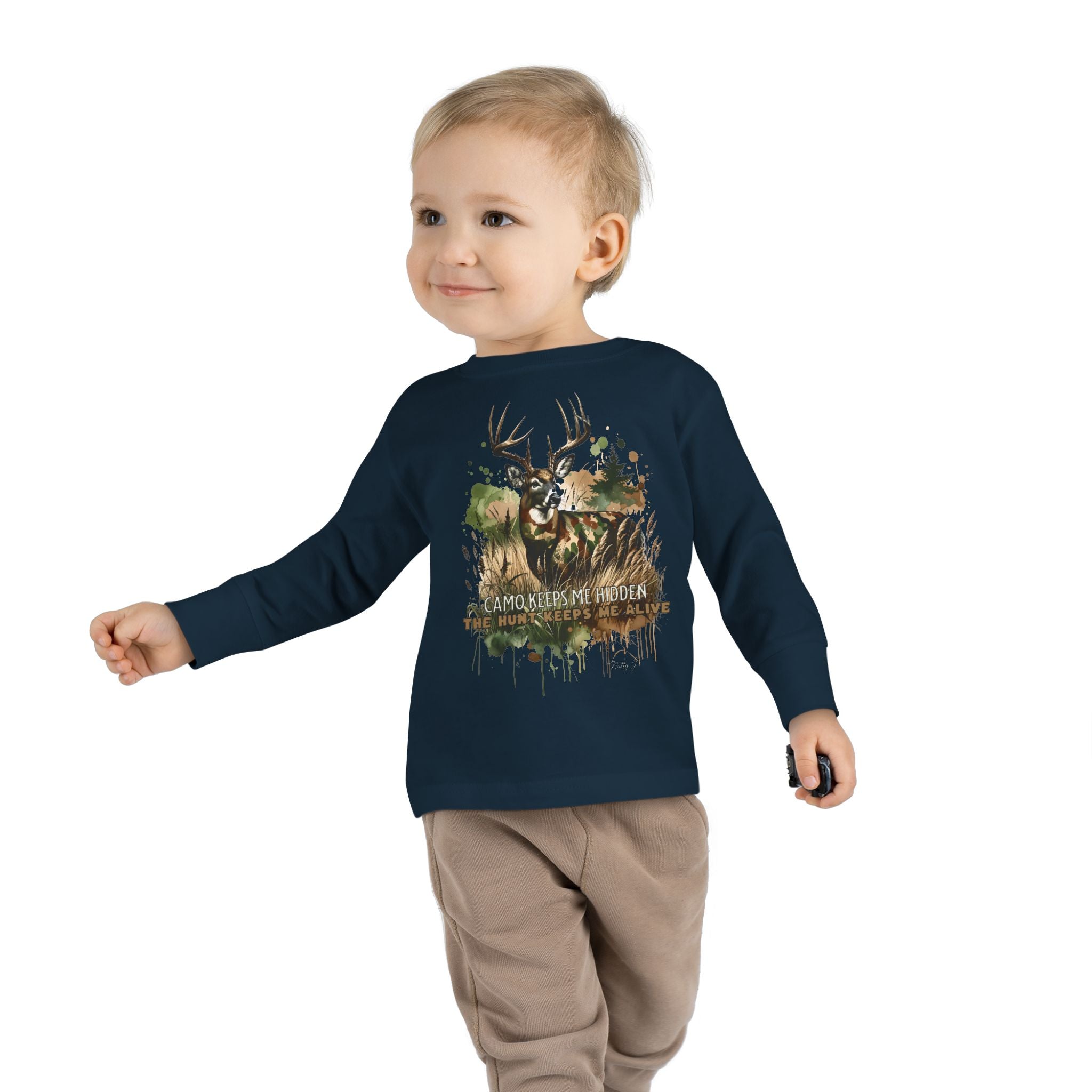 Toddler Camo Keeps Me Hidden Long Sleeve Shirt – Deer Hunting Graphic Long Sleeve Tee | Natty J’s