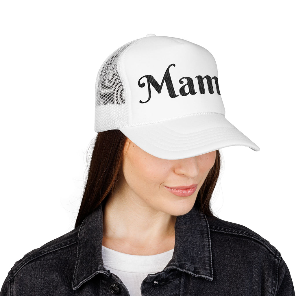 Embroidered Black and White Mama Trucker Hat