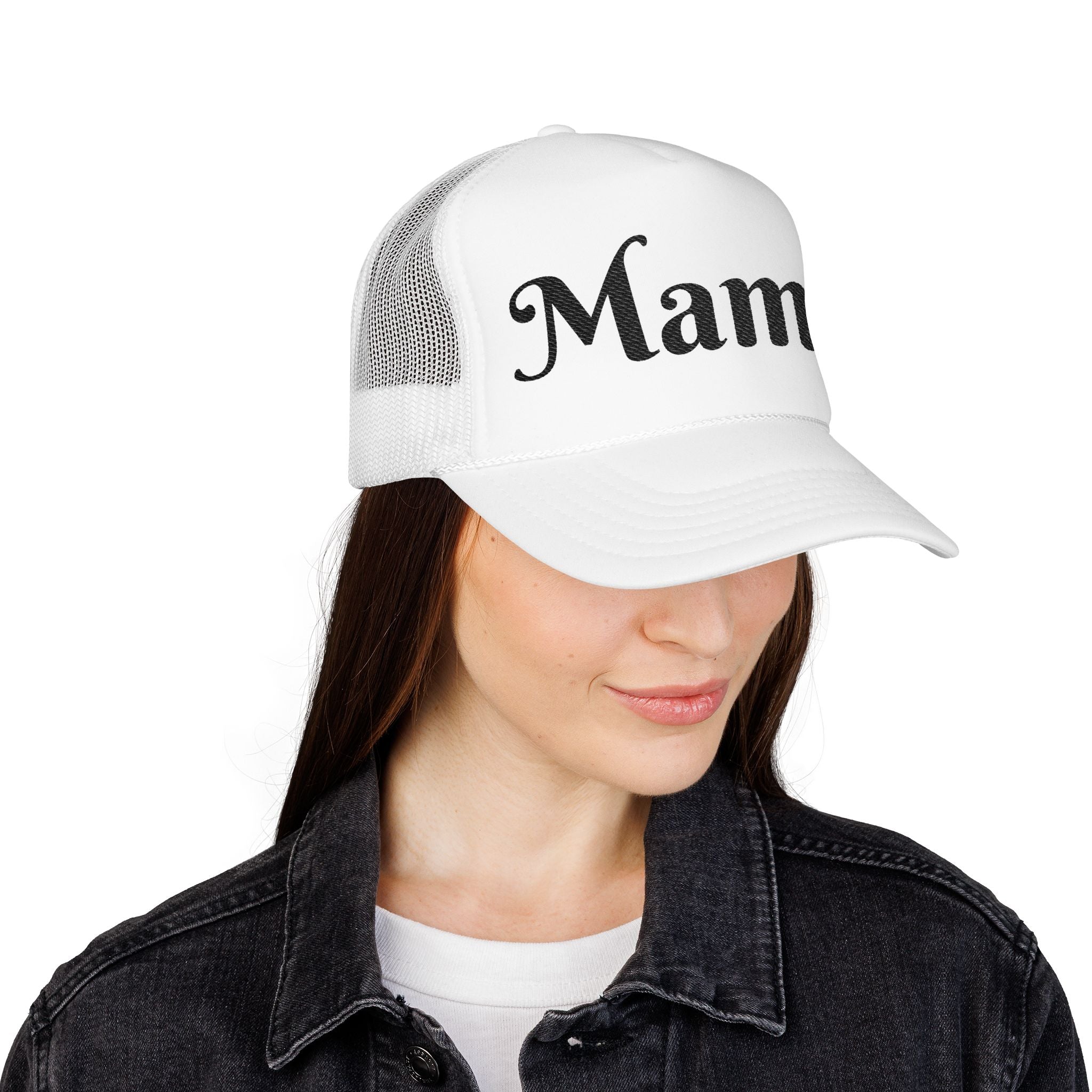Embroidered Black and White Mama Trucker Hat