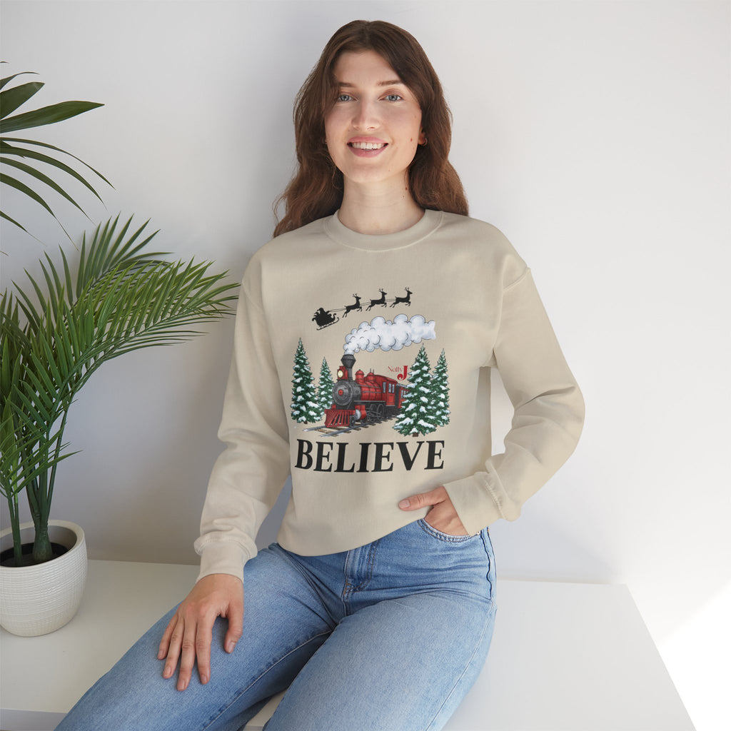 Women’s Believe Christmas Sweatshirt – Festive Holiday Train & Santa Sleigh Crewneck – Cozy Winter Graphic Sweatshirt for Women – Christmas Outfit Top