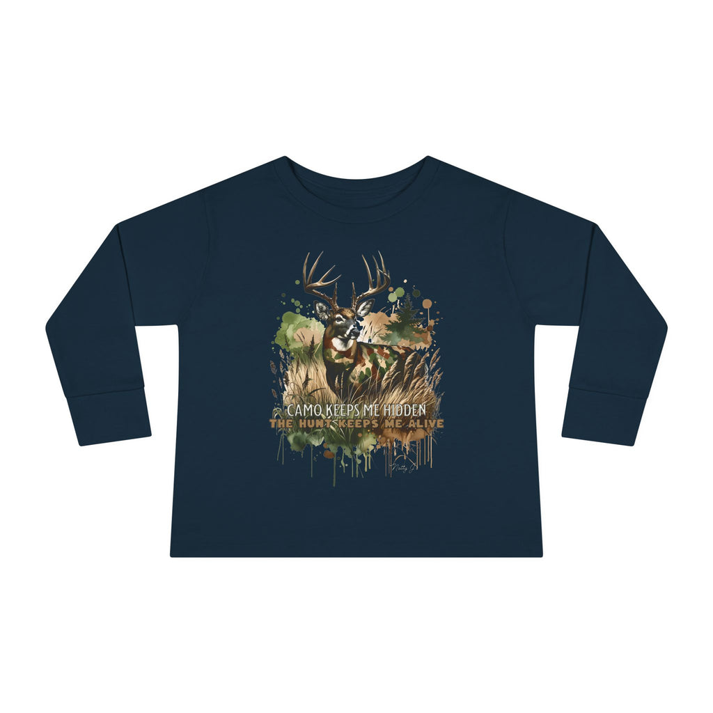 Toddler Camo Keeps Me Hidden Long Sleeve Shirt – Deer Hunting Graphic Long Sleeve Tee | Natty J’s