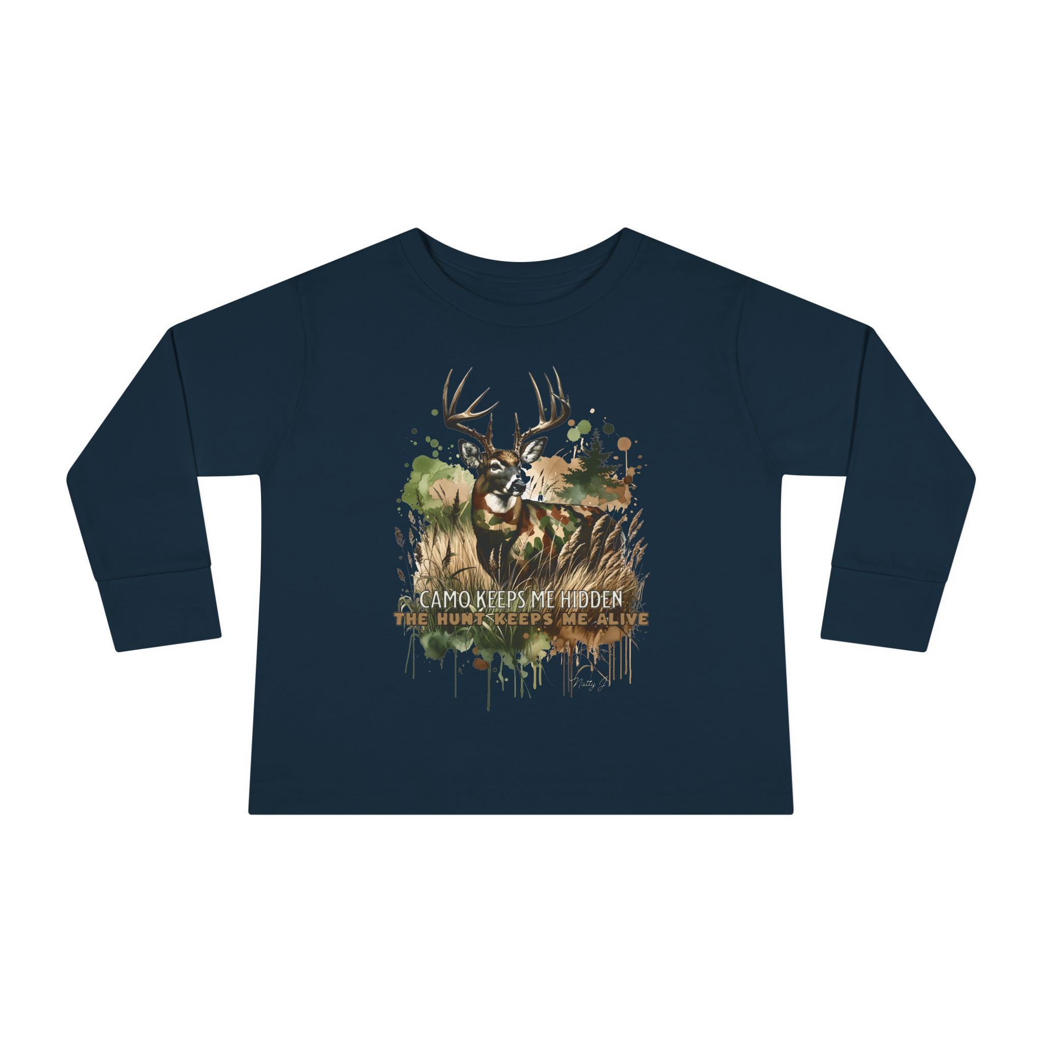 Toddler Camo Keeps Me Hidden Long Sleeve Shirt – Deer Hunting Graphic Long Sleeve Tee | Natty J’s