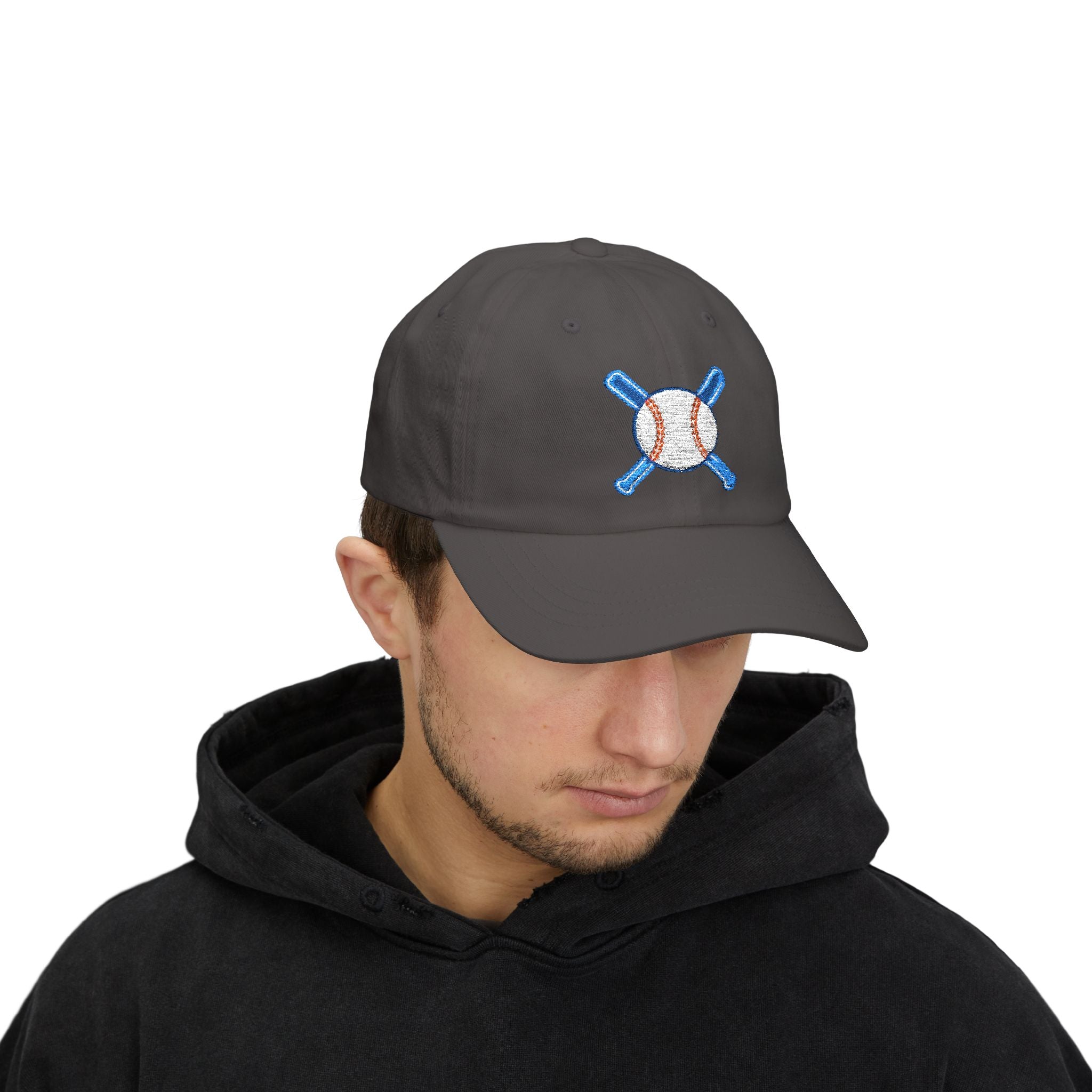Embroidered Baseball Cap with Bat and Ball Design