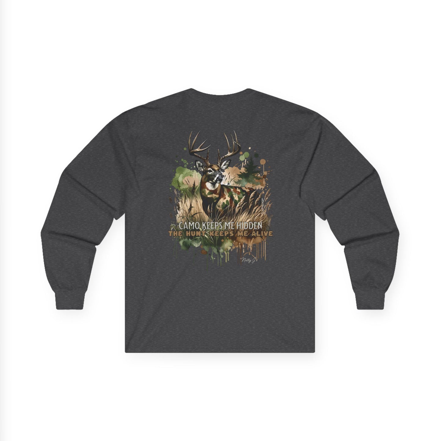 Camo Keeps Me Hidden Long Sleeve Hunting Shirt – Deer Graphic Outdoor Long Sleeve Tee | Natty J’s