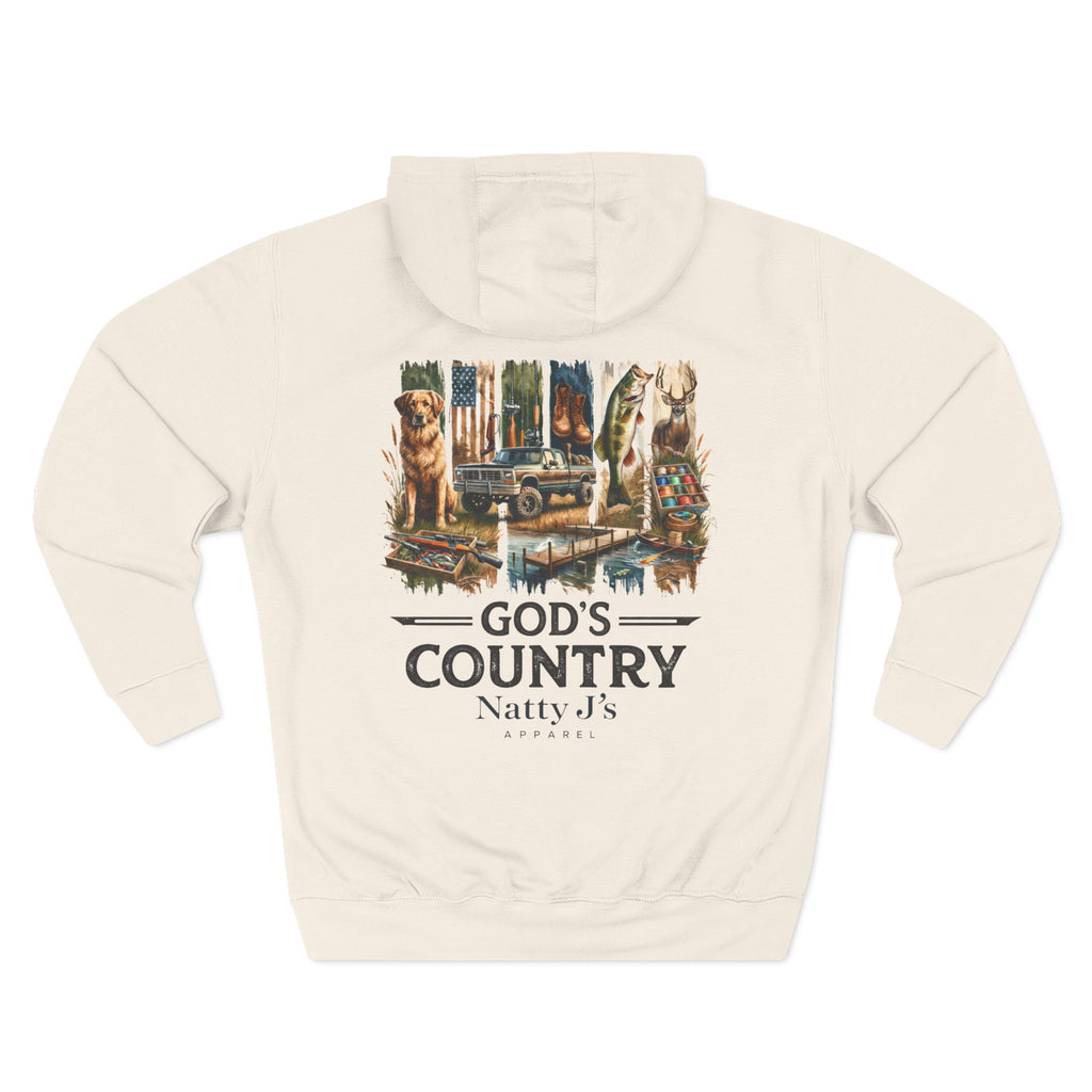 Beige hoodie with graphic design and text on a white background