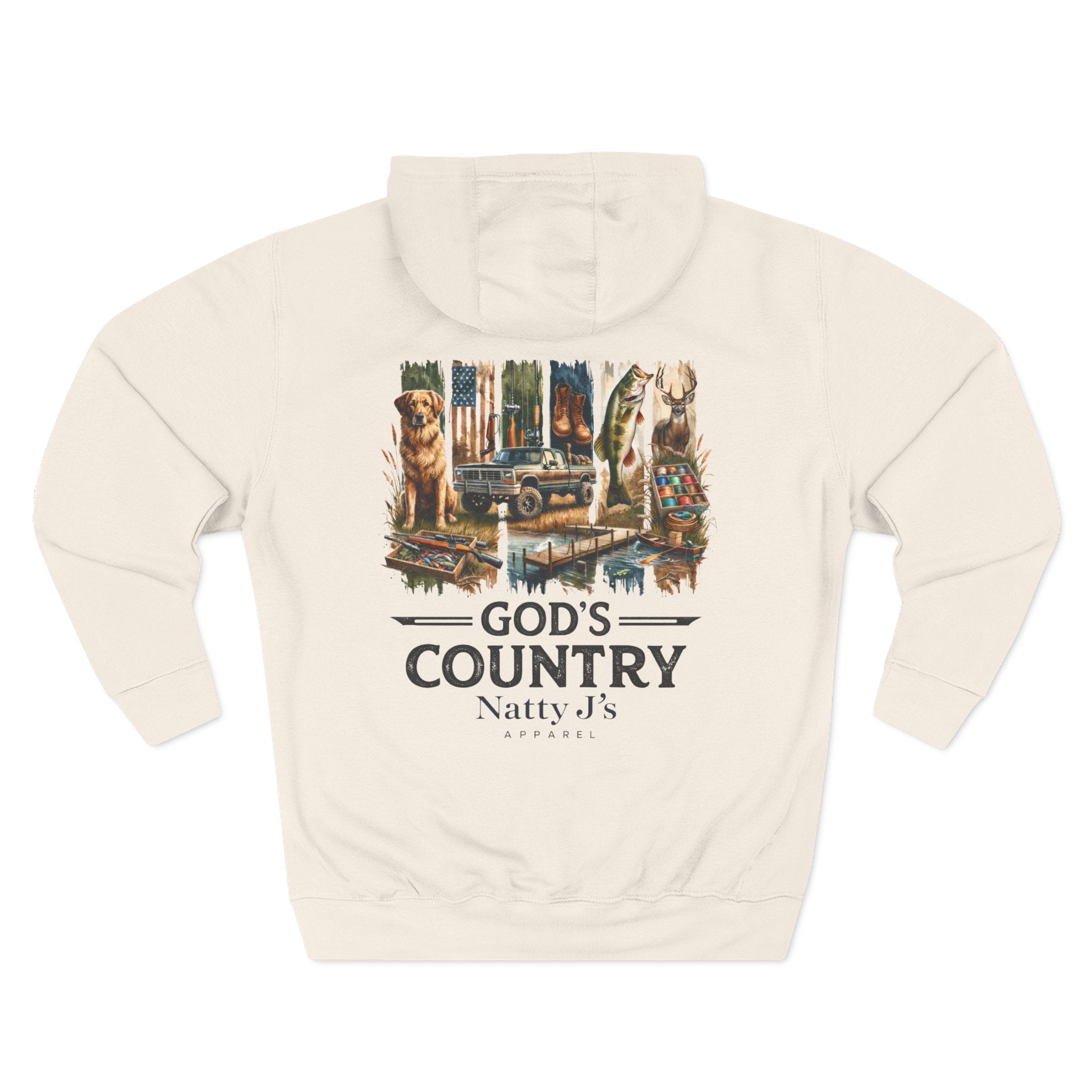 Beige hoodie with graphic design and text on a white background