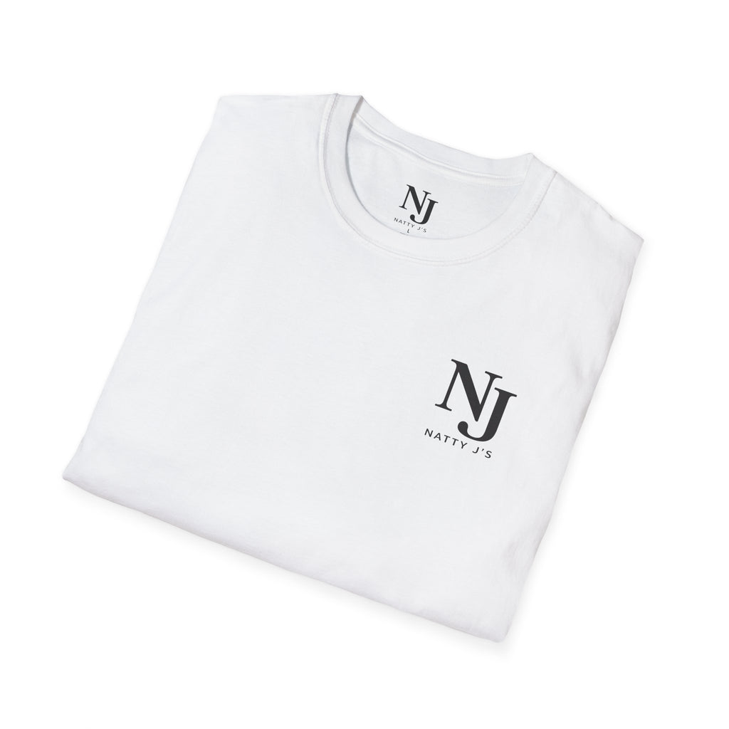 White t-shirt with 'Natty J's' logo on a white background