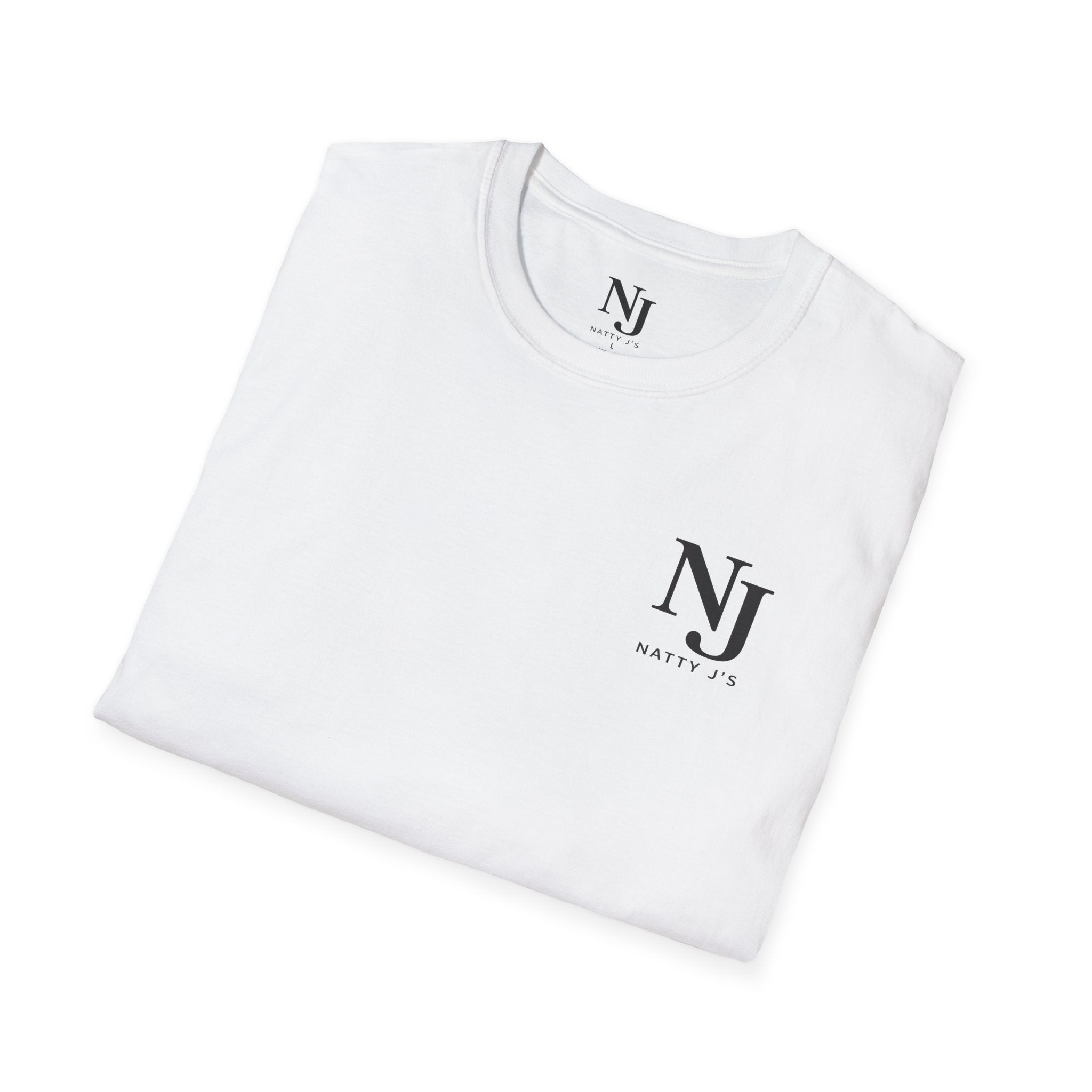 White t-shirt with 'Natty J's' logo on a white background