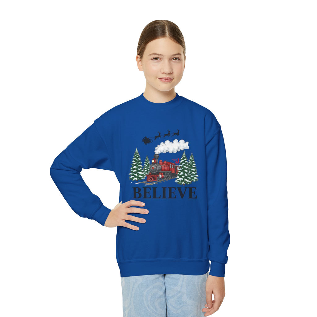 Kids Believe Christmas Sweatshirt – Holiday Train & Santa Sleigh Graphic – Girls & Boys Christmas Crewneck – Cozy Winter Outfit for Children
