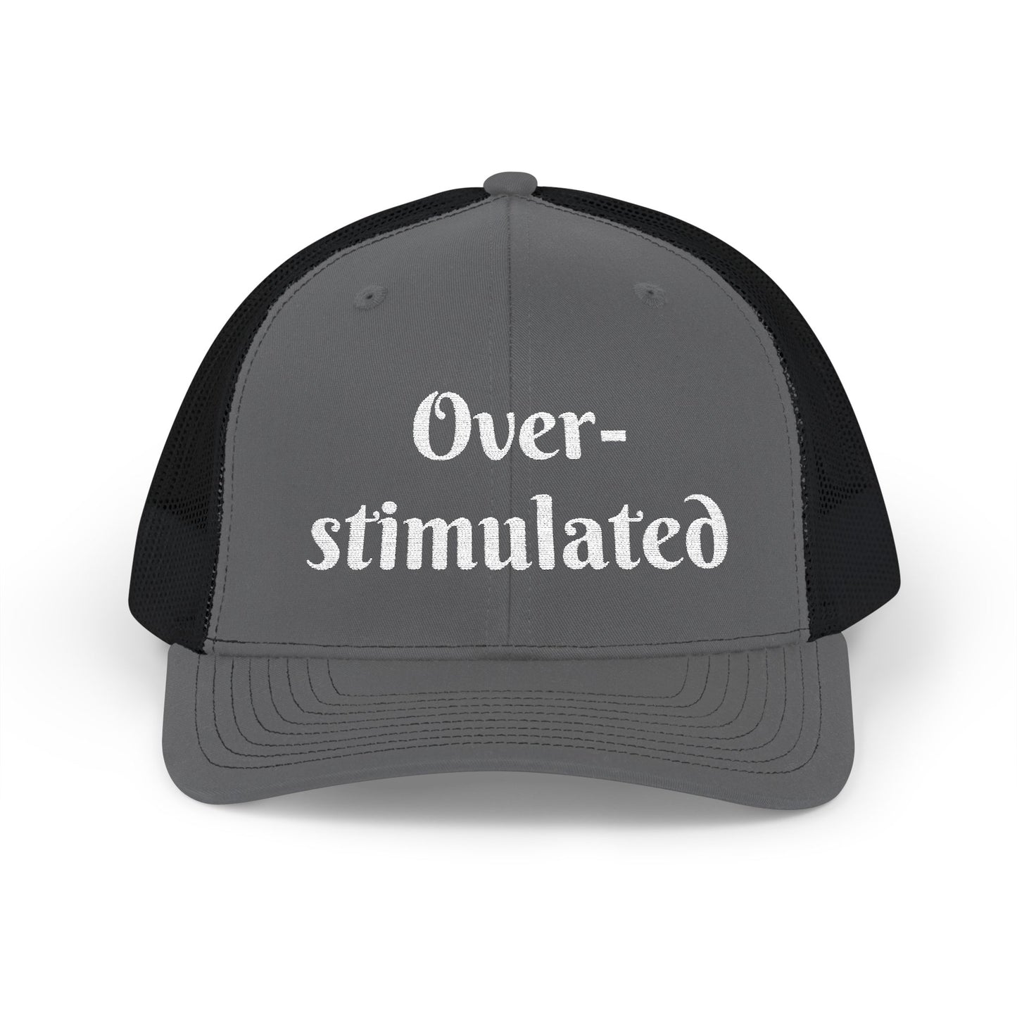 "Overstimulated" Embroidered Snapback Trucker Cap, Funny Cap for Anxiety Relief, Gift for Mental Health Awareness, Casual Style, Unisex Hat