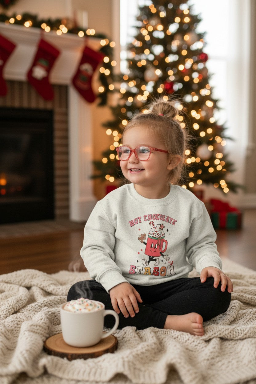 Toddler Hot Chocolate Season Sweatshirt – Cute Winter Cocoa Shirt for Kids – Christmas Hot Cocoa Graphic Crewneck – Cozy Holiday Outfit for Toddlers