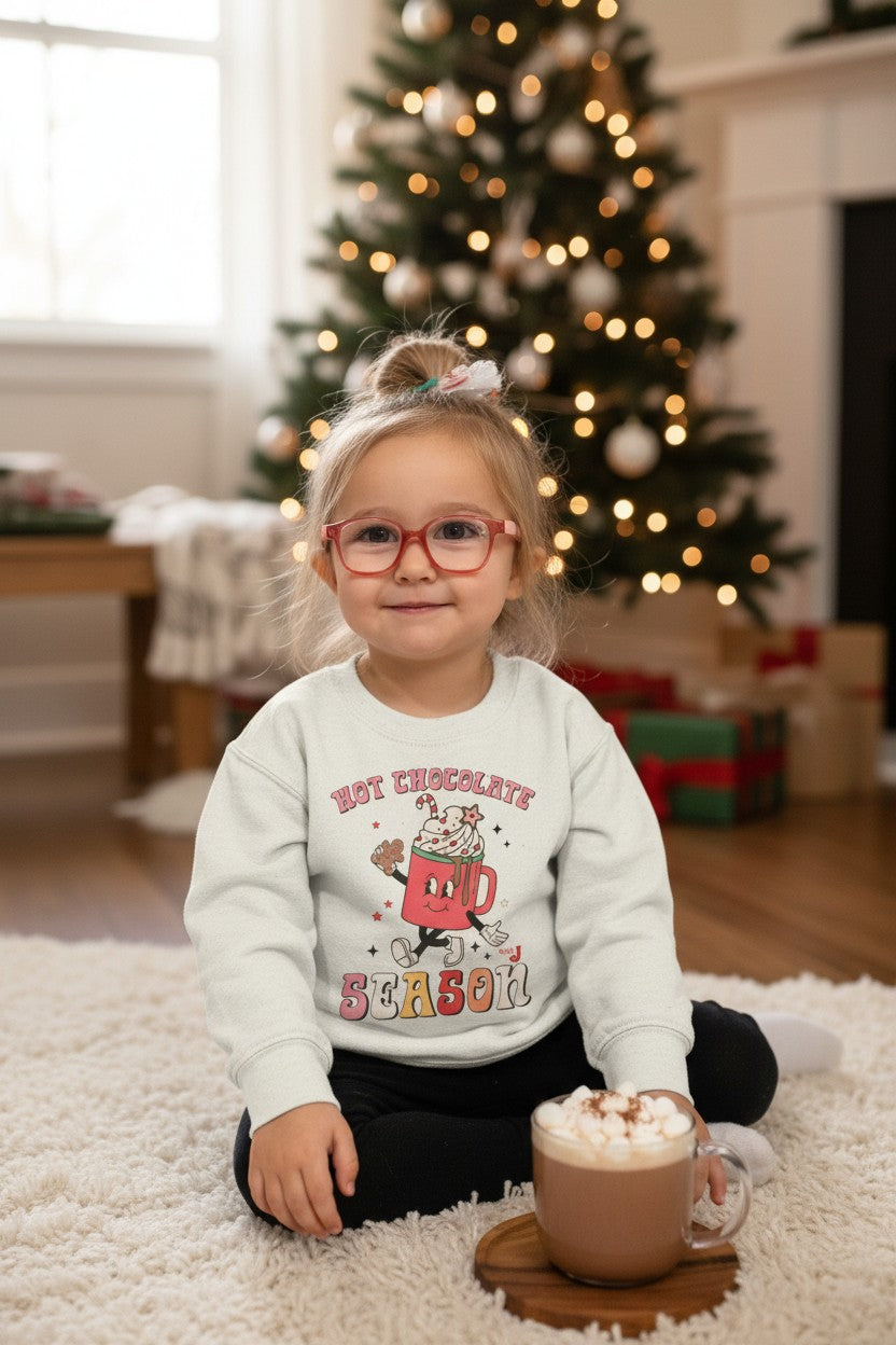 Toddler Hot Chocolate Season Sweatshirt – Cute Winter Cocoa Shirt for Kids – Christmas Hot Cocoa Graphic Crewneck – Cozy Holiday Outfit for Toddlers