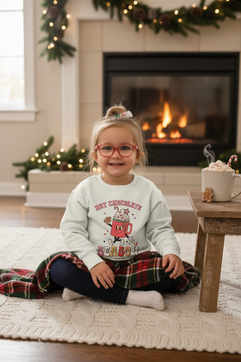 Toddler Hot Chocolate Season Sweatshirt – Cute Winter Cocoa Shirt for Kids – Christmas Hot Cocoa Graphic Crewneck – Cozy Holiday Outfit for Toddlers