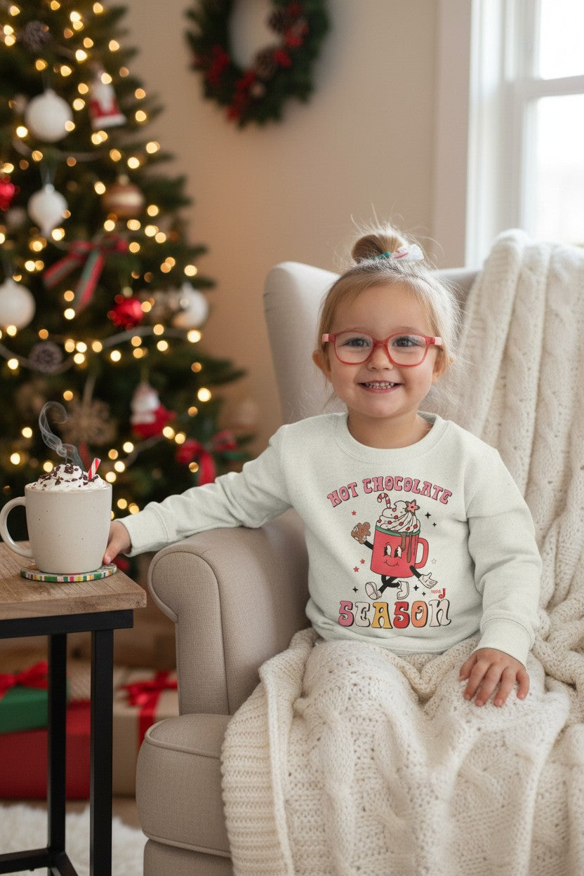 Toddler Hot Chocolate Season Sweatshirt – Cute Winter Cocoa Shirt for Kids – Christmas Hot Cocoa Graphic Crewneck – Cozy Holiday Outfit for Toddlers