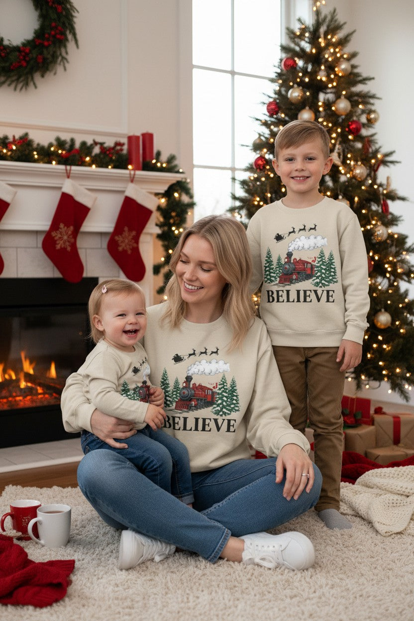 Women’s Believe Christmas Sweatshirt – Festive Holiday Train & Santa Sleigh Crewneck – Cozy Winter Graphic Sweatshirt for Women – Christmas Outfit Top