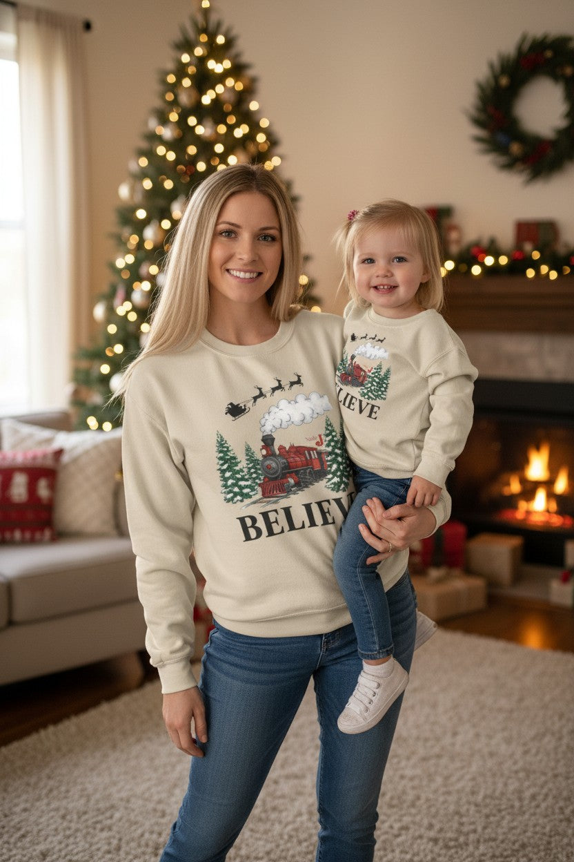 Women’s Believe Christmas Sweatshirt – Festive Holiday Train & Santa Sleigh Crewneck – Cozy Winter Graphic Sweatshirt for Women – Christmas Outfit Top
