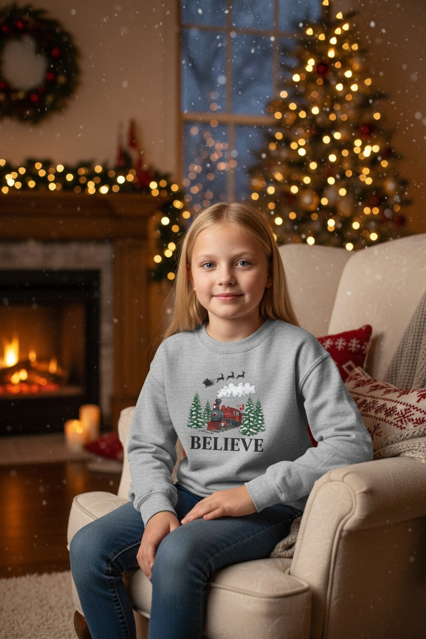 Kids Believe Christmas Sweatshirt – Holiday Train & Santa Sleigh Graphic – Girls & Boys Christmas Crewneck – Cozy Winter Outfit for Children