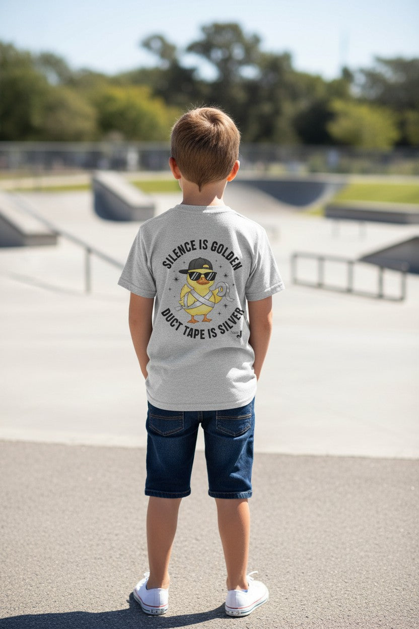Silence Is Golden Duct Tape Is Silver Youth Shirt | Funny Duck Graphic Tee for Boys | Sarcastic Kids Graphic T-Shirt
