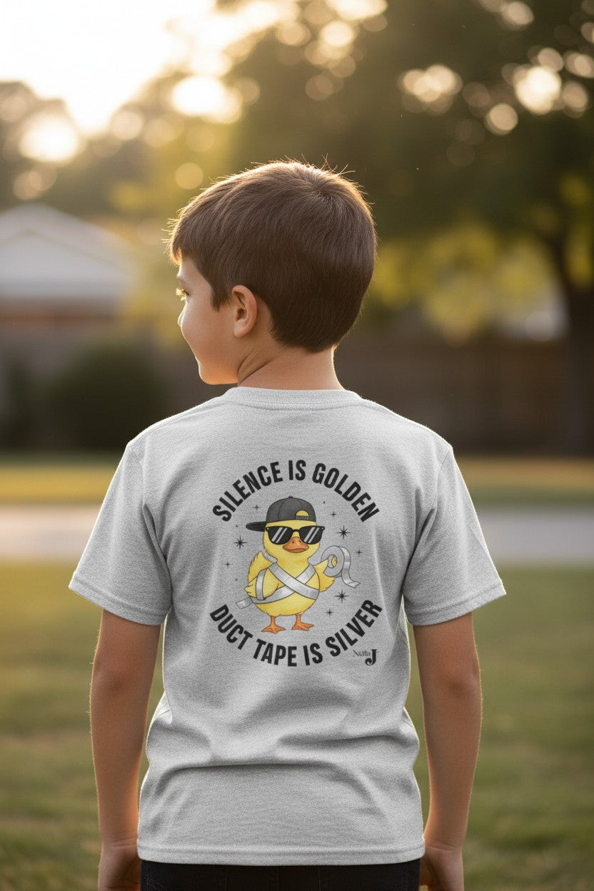 Silence Is Golden Duct Tape Is Silver Youth Shirt | Funny Duck Graphic Tee for Boys | Sarcastic Kids Graphic T-Shirt