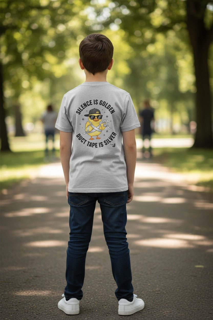 Silence Is Golden Duct Tape Is Silver Youth Shirt | Funny Duck Graphic Tee for Boys | Sarcastic Kids Graphic T-Shirt