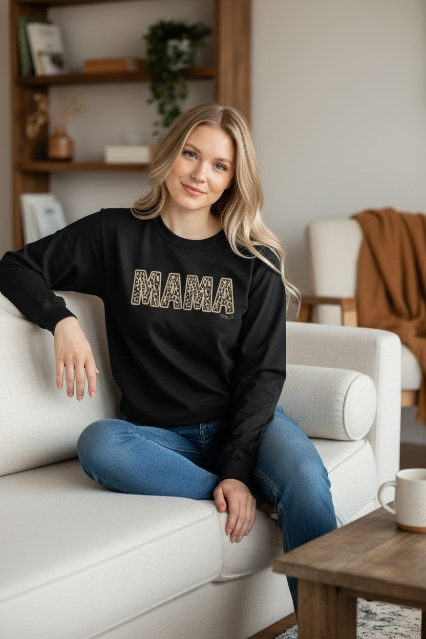 Mama Leopard Print Long Sleeve Tshirt, Trendy Mama Crewneck, Cozy Mom Pullover, Neutral Mom Aesthetic Tshirt, Boutique Women’s Apparel