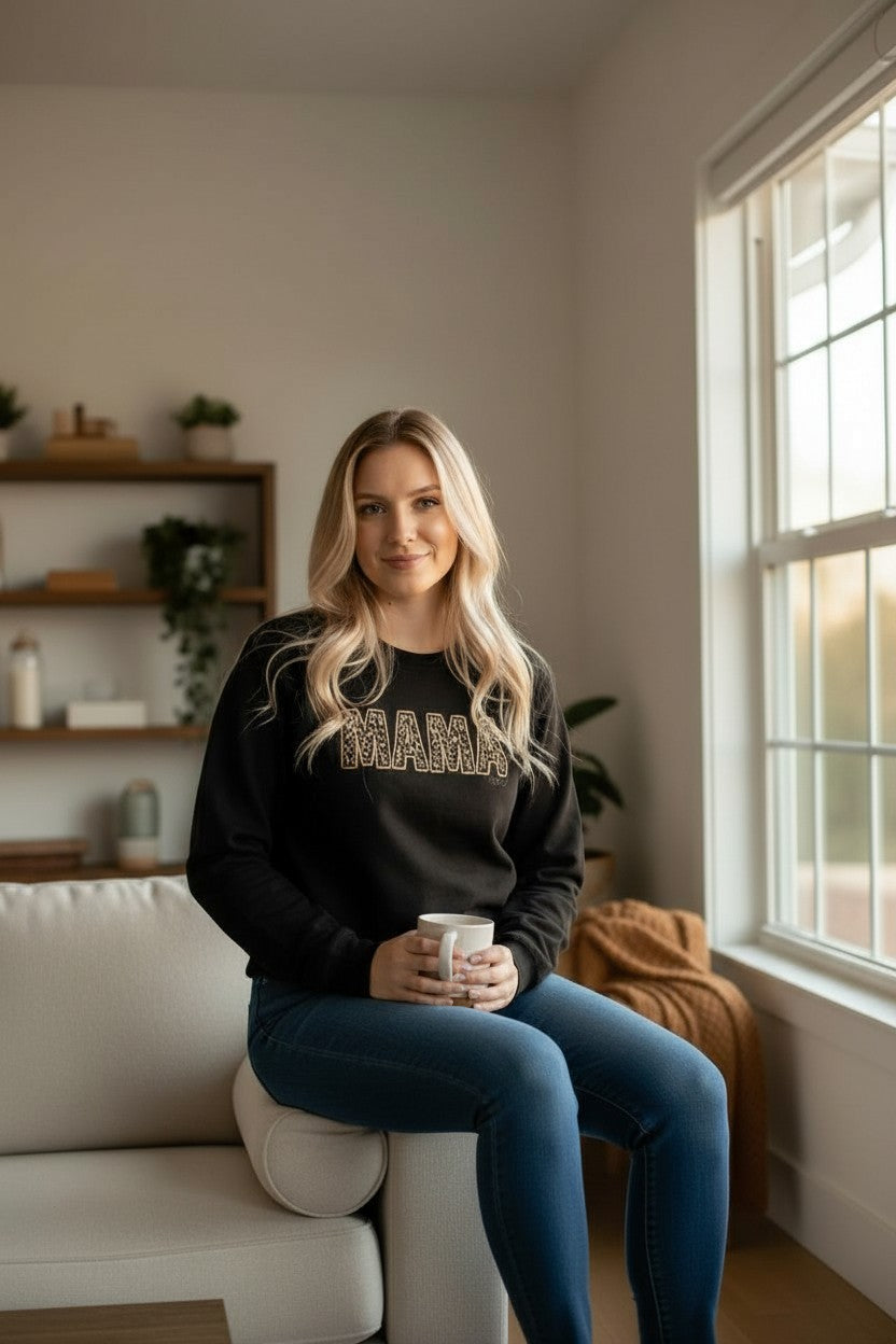 Mama Leopard Print Long Sleeve Tshirt, Trendy Mama Crewneck, Cozy Mom Pullover, Neutral Mom Aesthetic Tshirt, Boutique Women’s Apparel