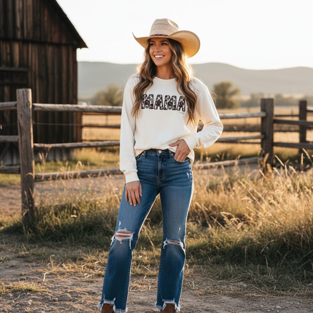 MAMA Cowhide Long Sleeve Shirt, Western Mama Graphic Tee, Neutral Cream Country Mom Shirt, Trendy Boutique Fall Mama Top, Natty J’s