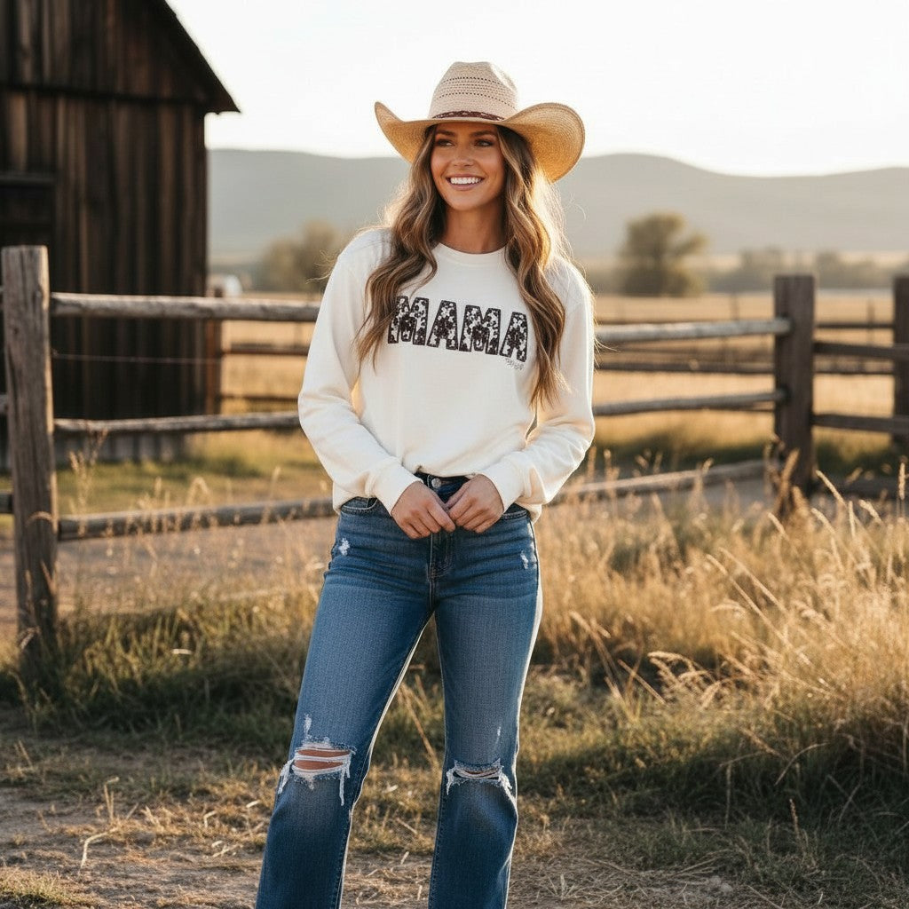 MAMA Cowhide Long Sleeve Shirt, Western Mama Graphic Tee, Neutral Cream Country Mom Shirt, Trendy Boutique Fall Mama Top, Natty J’s
