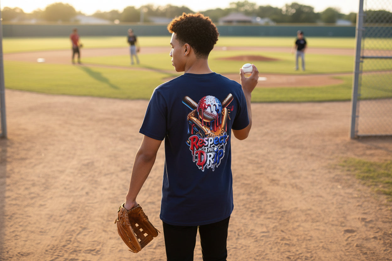 Respect the Drip Baseball Shirt – Patriotic Red White Blue Drip Baseball Tee for Men & Women | USA Sports Graphic T-Shirt