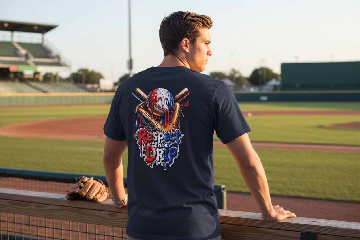 Respect the Drip Baseball Shirt – Patriotic Red White Blue Drip Baseball Tee for Men & Women | USA Sports Graphic T-Shirt