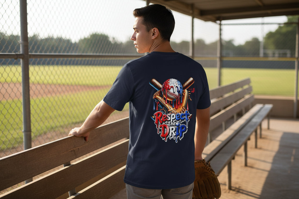 Respect the Drip Baseball Shirt – Patriotic Red White Blue Drip Baseball Tee for Men & Women | USA Sports Graphic T-Shirt