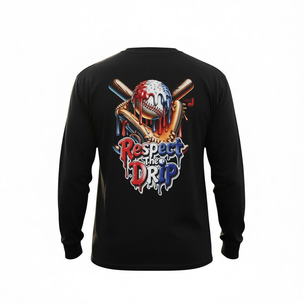 Respect the Drip Baseball Long Sleeve Shirt for Men – Patriotic Red White Blue Baseball Drip Graphic Tee | USA Sports Fan Shirt