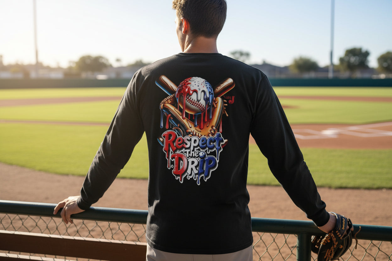 Respect the Drip Baseball Long Sleeve Shirt for Men – Patriotic Red White Blue Baseball Drip Graphic Tee | USA Sports Fan Shirt