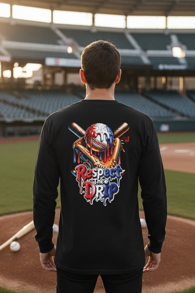 Respect the Drip Baseball Long Sleeve Shirt for Men – Patriotic Red White Blue Baseball Drip Graphic Tee | USA Sports Fan Shirt