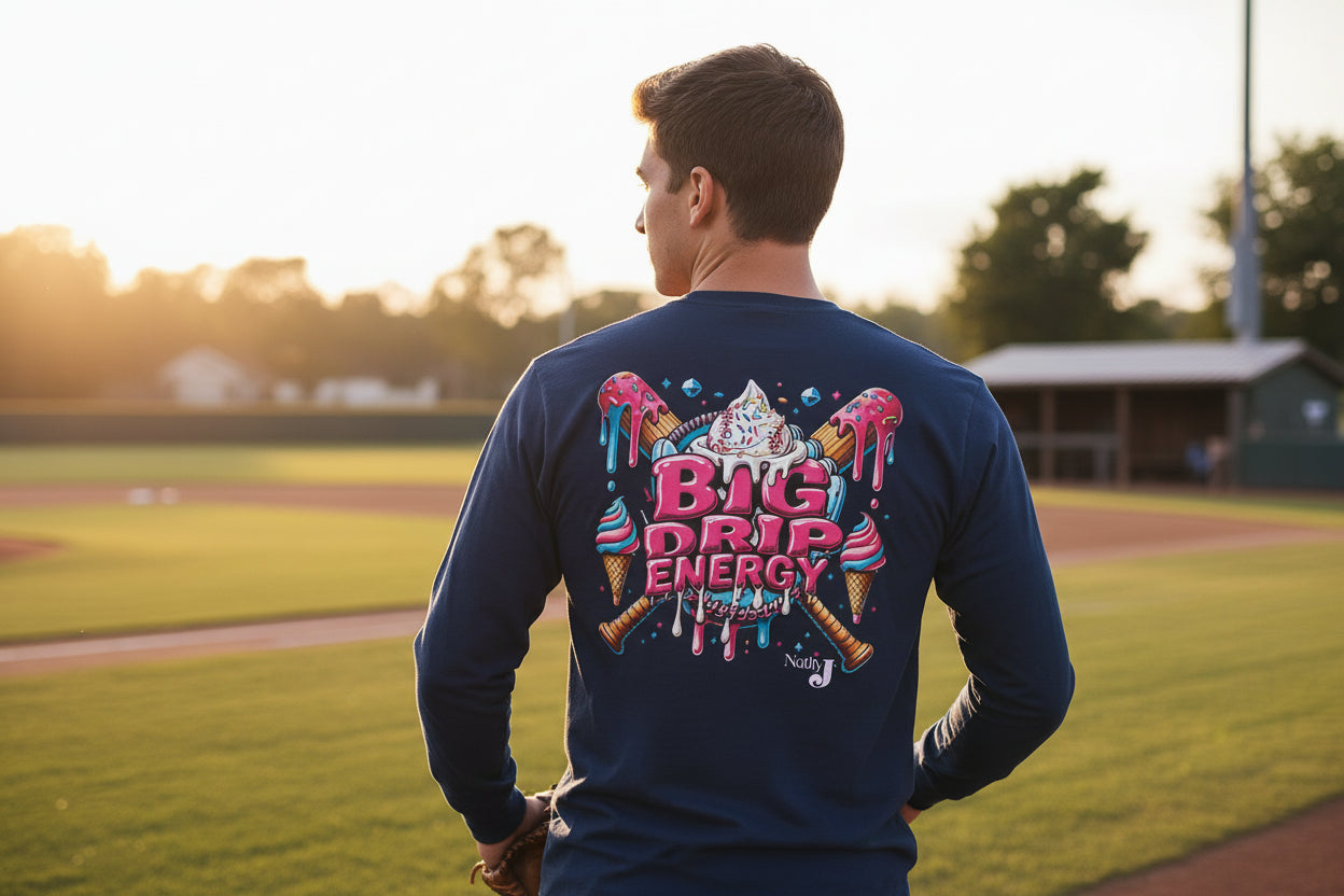 Big Drip Energy Baseball Long Sleeve Shirt – Fun Ice Cream Baseball Graphic Tee for Men | Game Day Baseball Fan Shirt