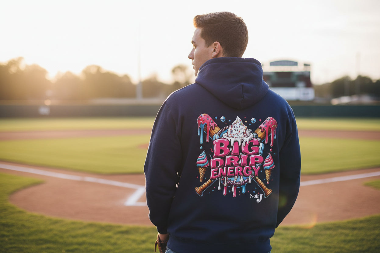 Big Drip Energy Baseball Hoodie for Men – Ice Cream Drip Baseball Graphic Pullover | Game Day Baseball Fan Hoodie