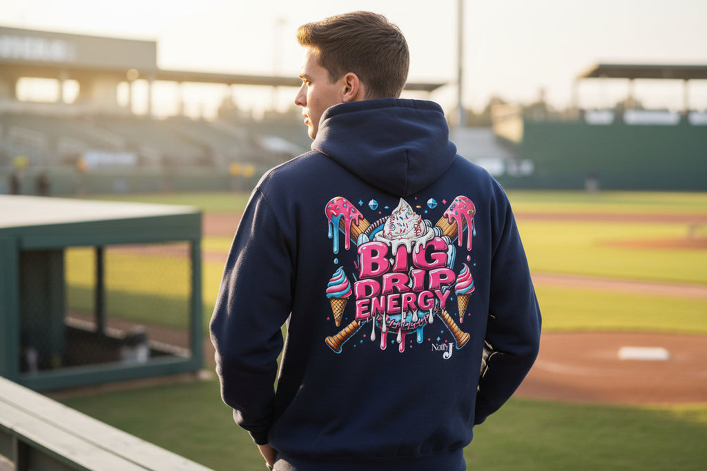 Big Drip Energy Baseball Hoodie for Men – Ice Cream Drip Baseball Graphic Pullover | Game Day Baseball Fan Hoodie