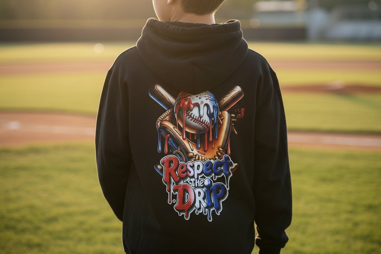 Respect the Drip Youth Baseball Hoodie – Cool Drip Baseball Graphic Hoodie for Boys | Game Day Youth Baseball Sweatshirt